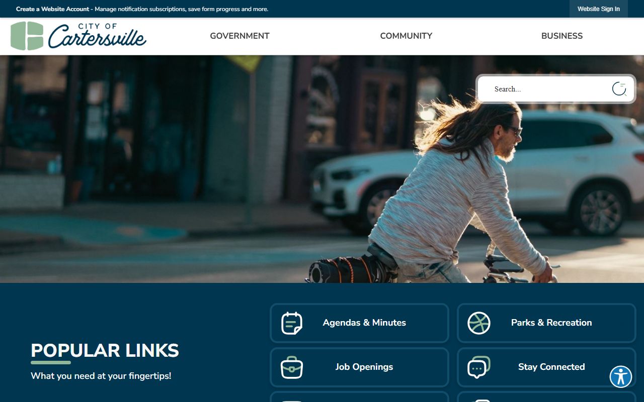 Cartersville Police Department website showing city services and recent booking records access