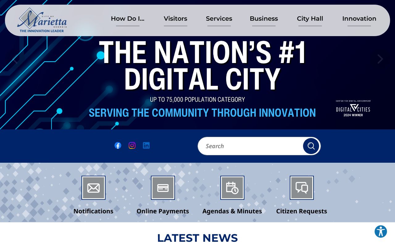 Marietta Police Department website showing city services and recent booking records access