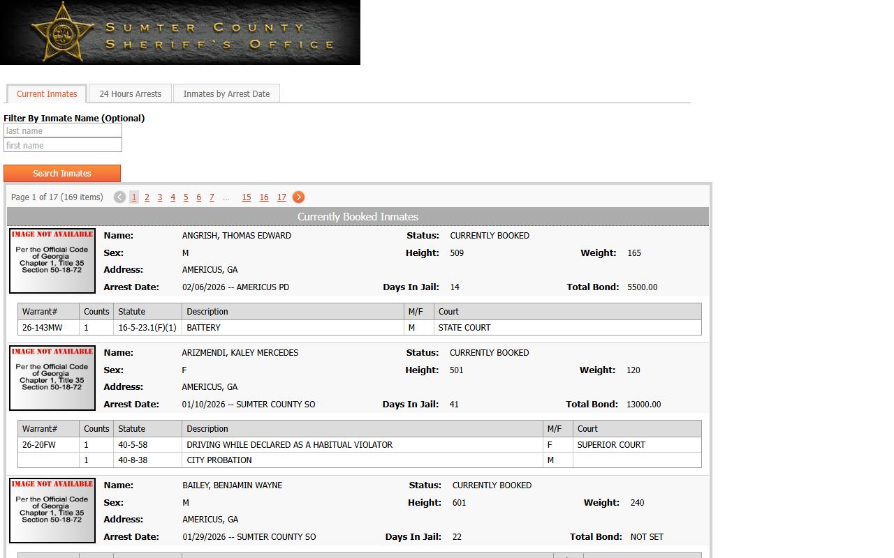 Sumter County online inmate search portal for recent bookings