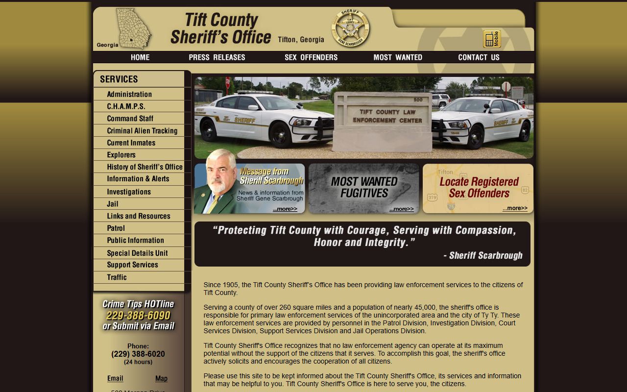 Tift County Sheriff's Office website for recent bookings and arrest records