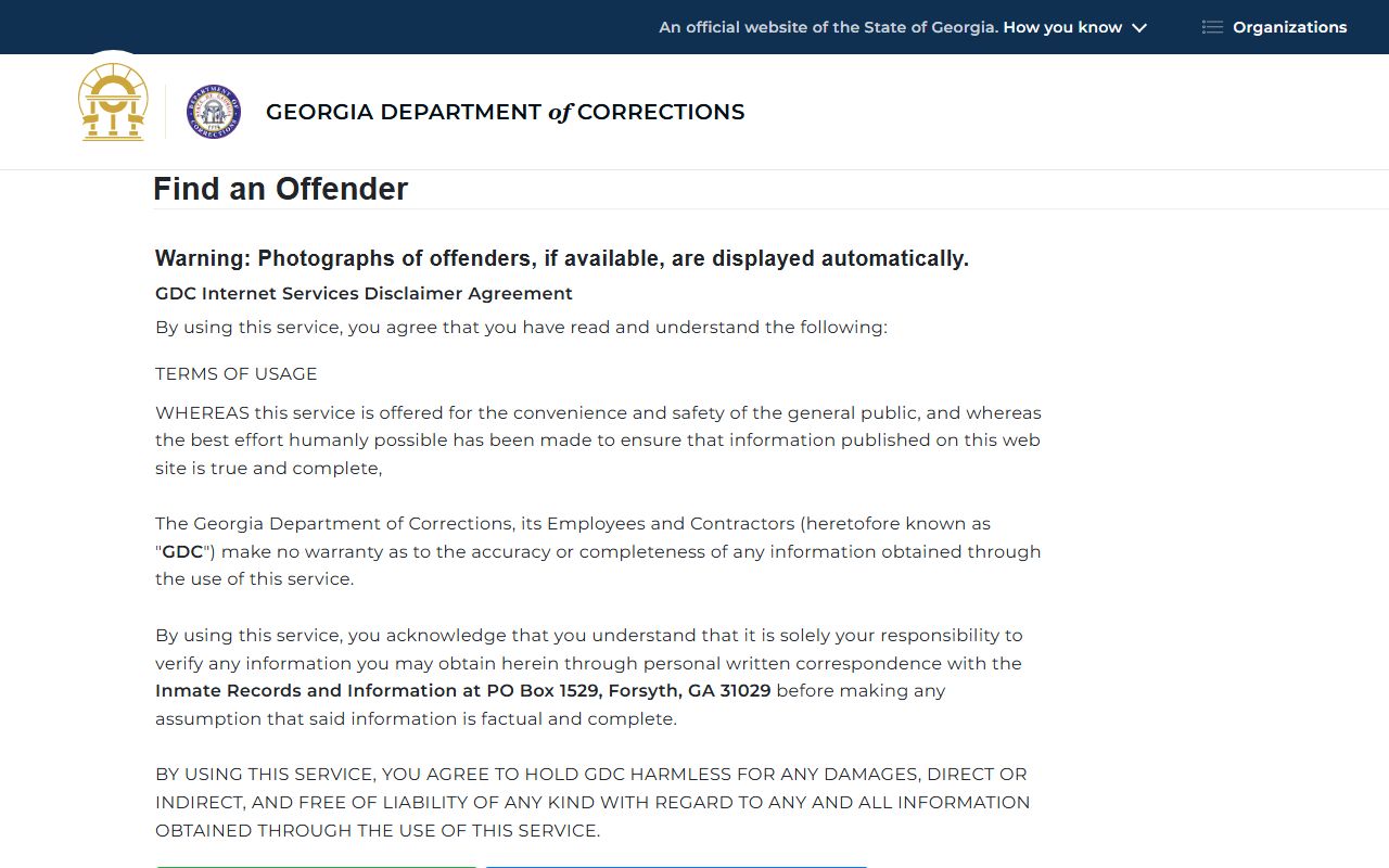Georgia Department of Corrections offender query form for inmate searches