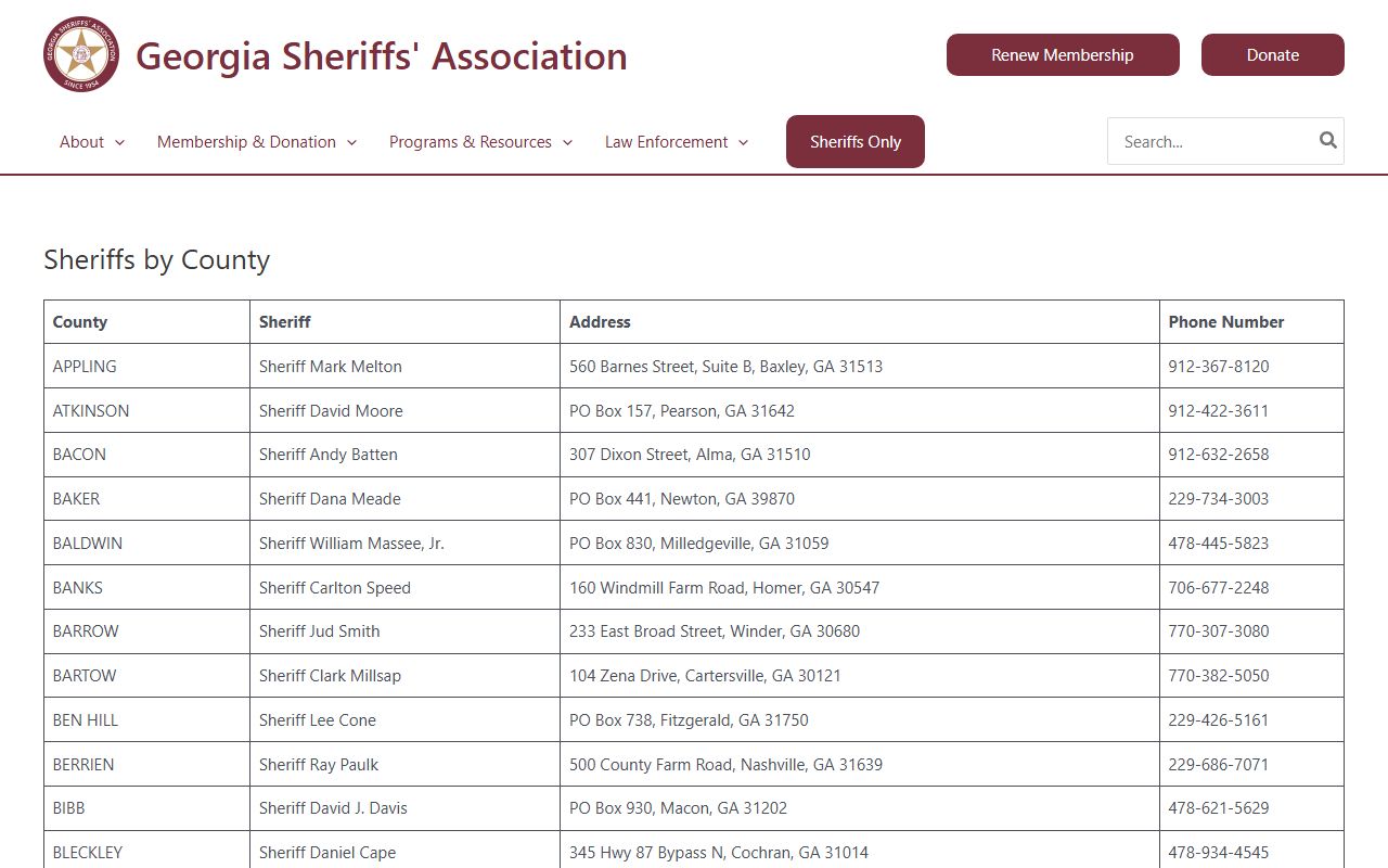 Georgia Sheriffs Association directory showing all county sheriffs